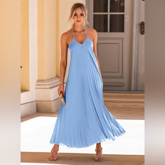 Halter Neck Maxi Dress in a Pleated Style - Picture 1 of 6